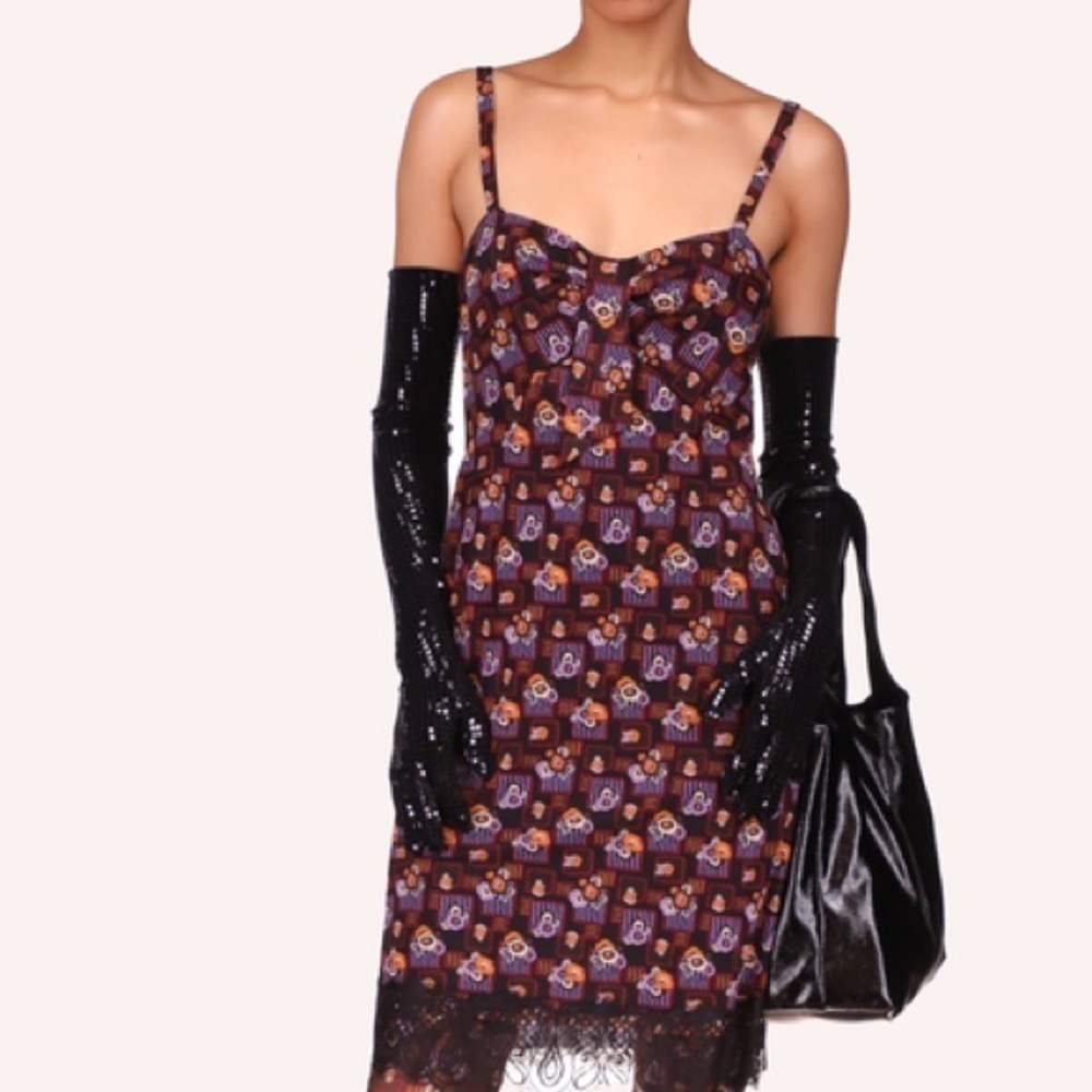 NWT Anna Sui Deco Floral Patch Mini Slip Dress Orange Multi Sz S